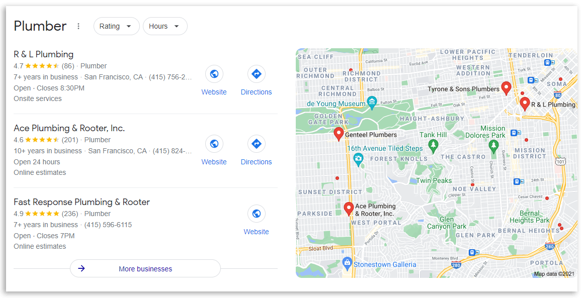 Khối kết quả địa phương của Google với ba doanh nghiệp thợ sửa ống nước kèm bản đồ