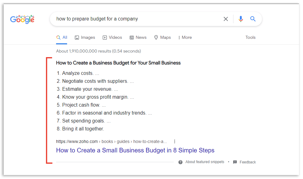 Trang kết quả Google với đoạn trích nổi bật dạng danh sách được khoanh đỏ