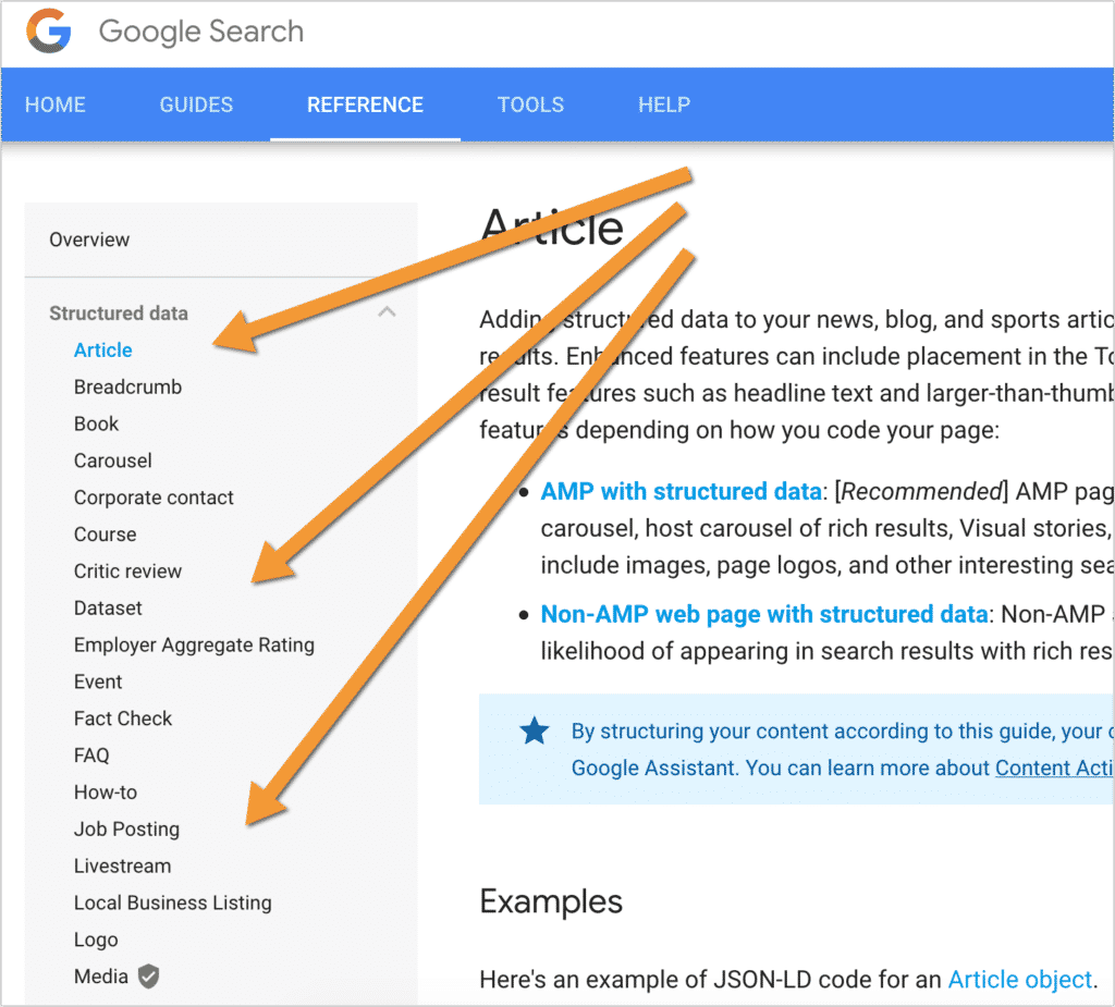 Trang tài liệu Google Search Central về dữ liệu có cấu trúc cho Article, kèm mũi tên chỉ dẫn