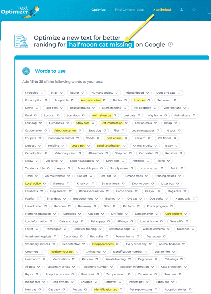 Màn hình TextOptimizer liệt kê các khái niệm liên quan cần đưa vào bài