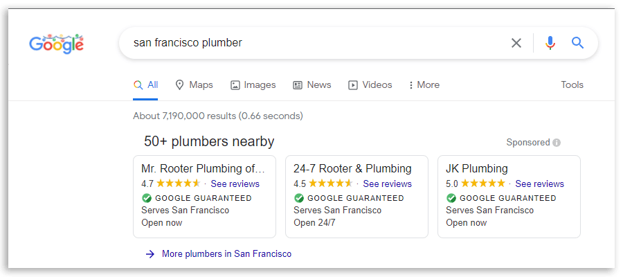 Trang kết quả Google cho truy vấn san francisco plumber với hộp quảng cáo dịch vụ đầu trang