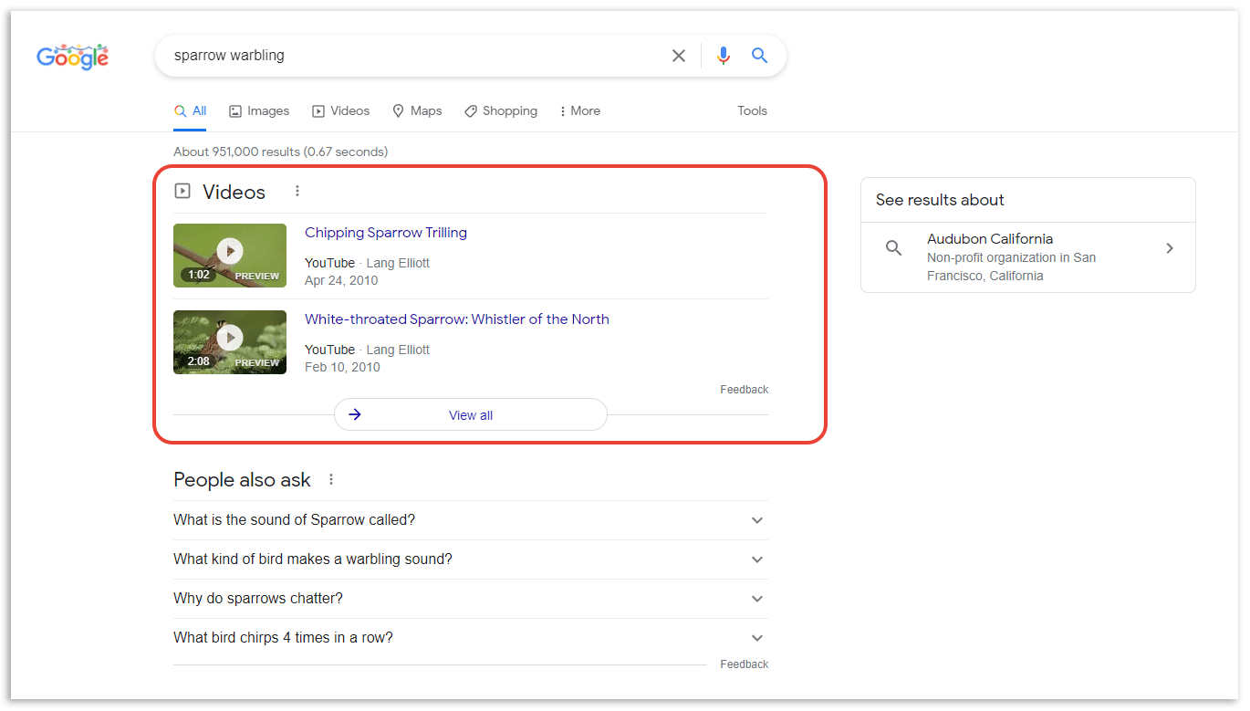 Trang kết quả Google với khối video được khoanh đỏ, hiện hai video kèm ảnh xem trước